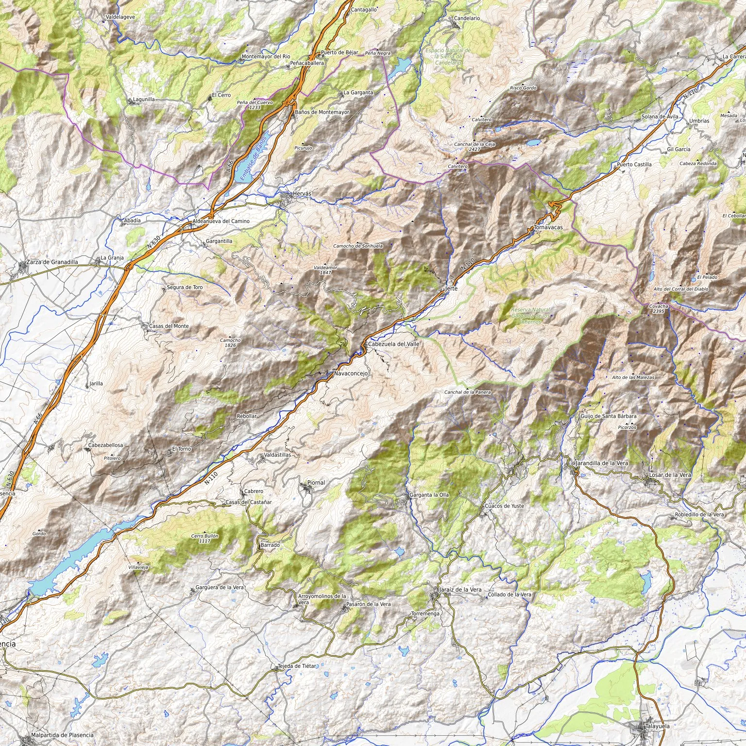 Relieve topográfico real del Valle del Jerte, con los 11 pueblos de la comarca señalados